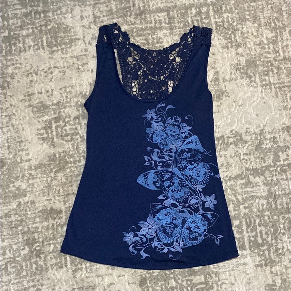 🔥4/20! Wet seal navy blue, open crochet back tank top. Size small
